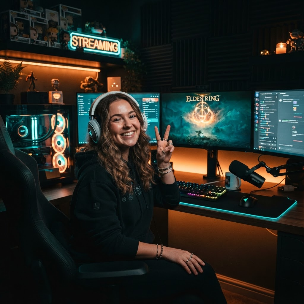 Gamer feliz haciendo señal de paz en un setup gaming RGB